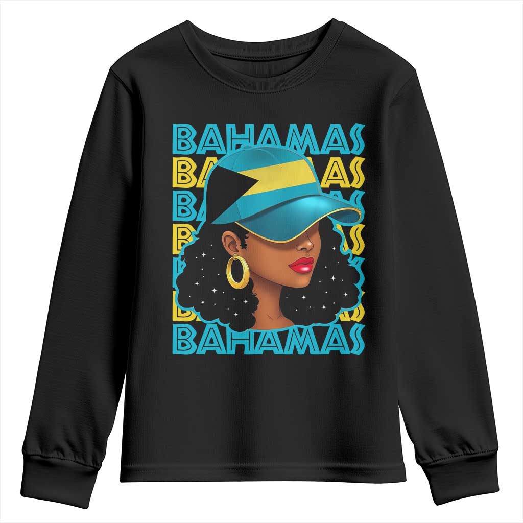 Bahamian Girl Youth Sweatshirt Melanin Afro Messy Bun Black Woman Bahamas Flag - Wonder Print Shop