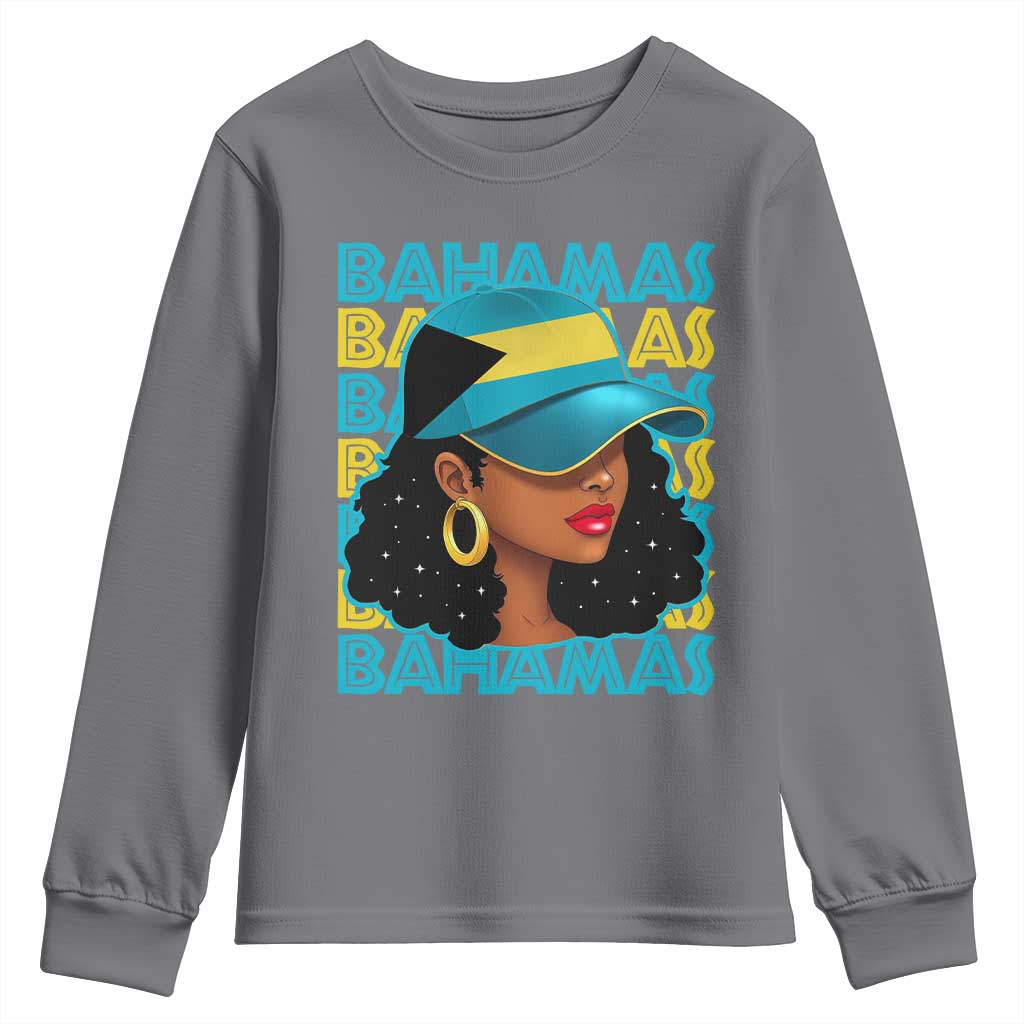 Bahamian Girl Youth Sweatshirt Melanin Afro Messy Bun Black Woman Bahamas Flag - Wonder Print Shop