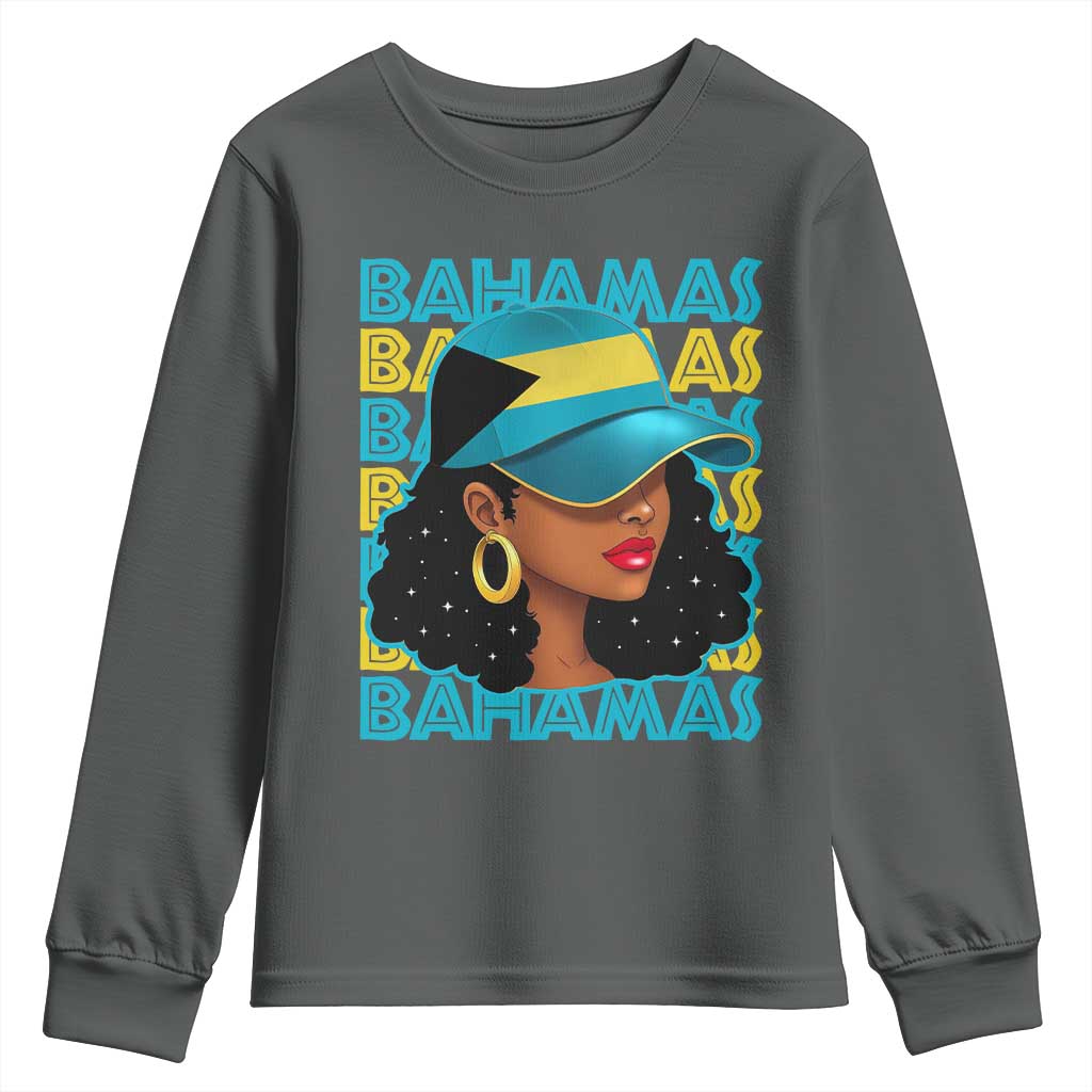 Bahamian Girl Youth Sweatshirt Melanin Afro Messy Bun Black Woman Bahamas Flag - Wonder Print Shop