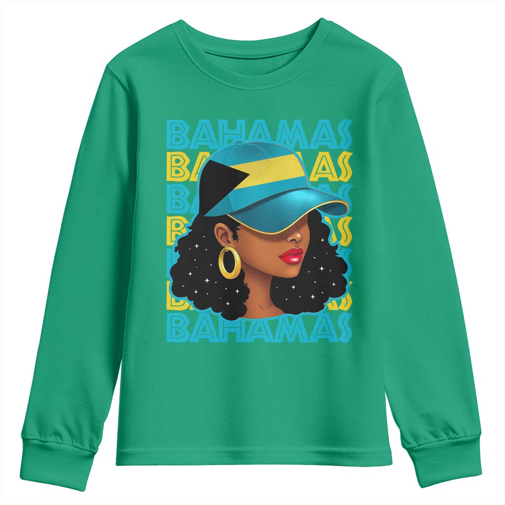 Bahamian Girl Youth Sweatshirt Melanin Afro Messy Bun Black Woman Bahamas Flag - Wonder Print Shop