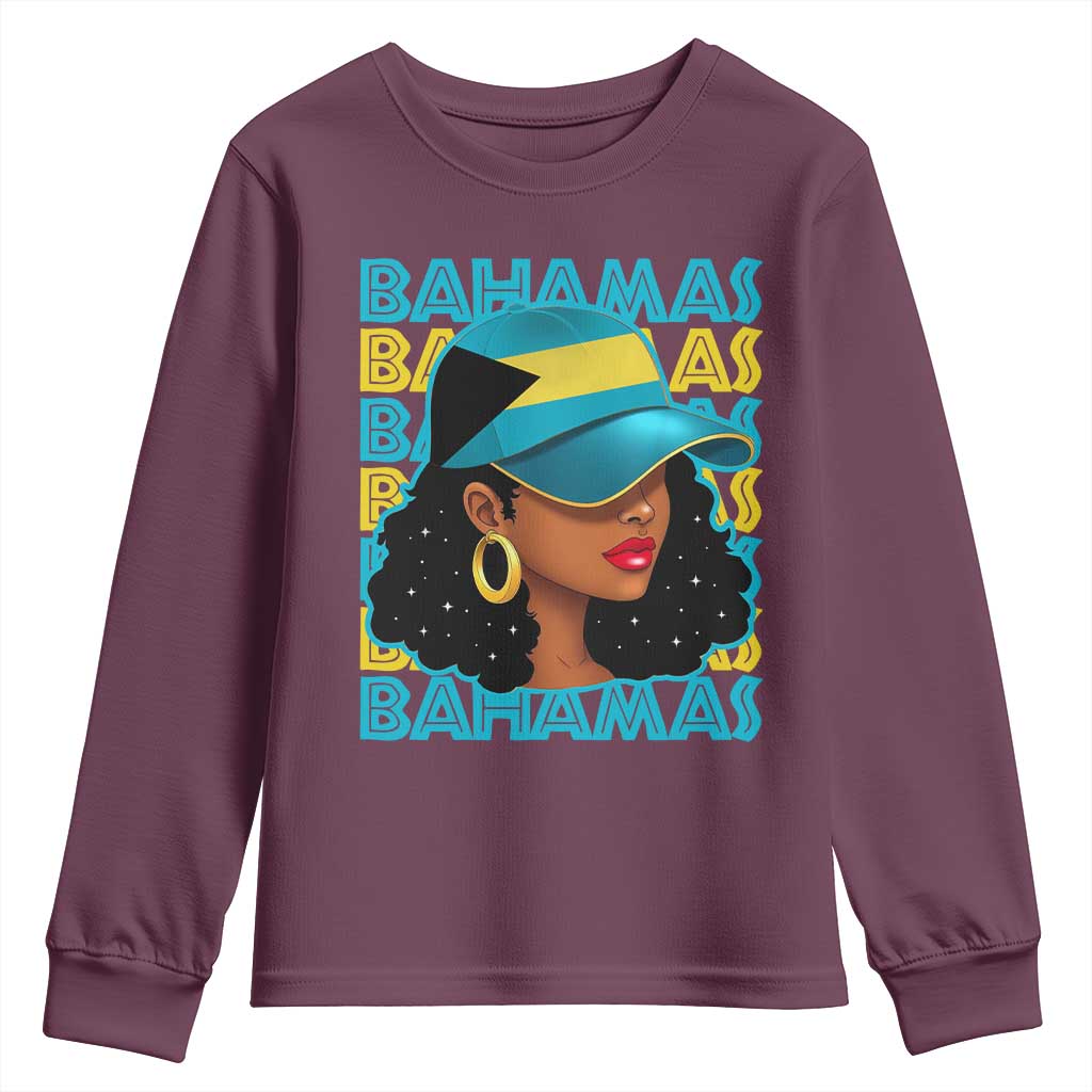 Bahamian Girl Youth Sweatshirt Melanin Afro Messy Bun Black Woman Bahamas Flag - Wonder Print Shop