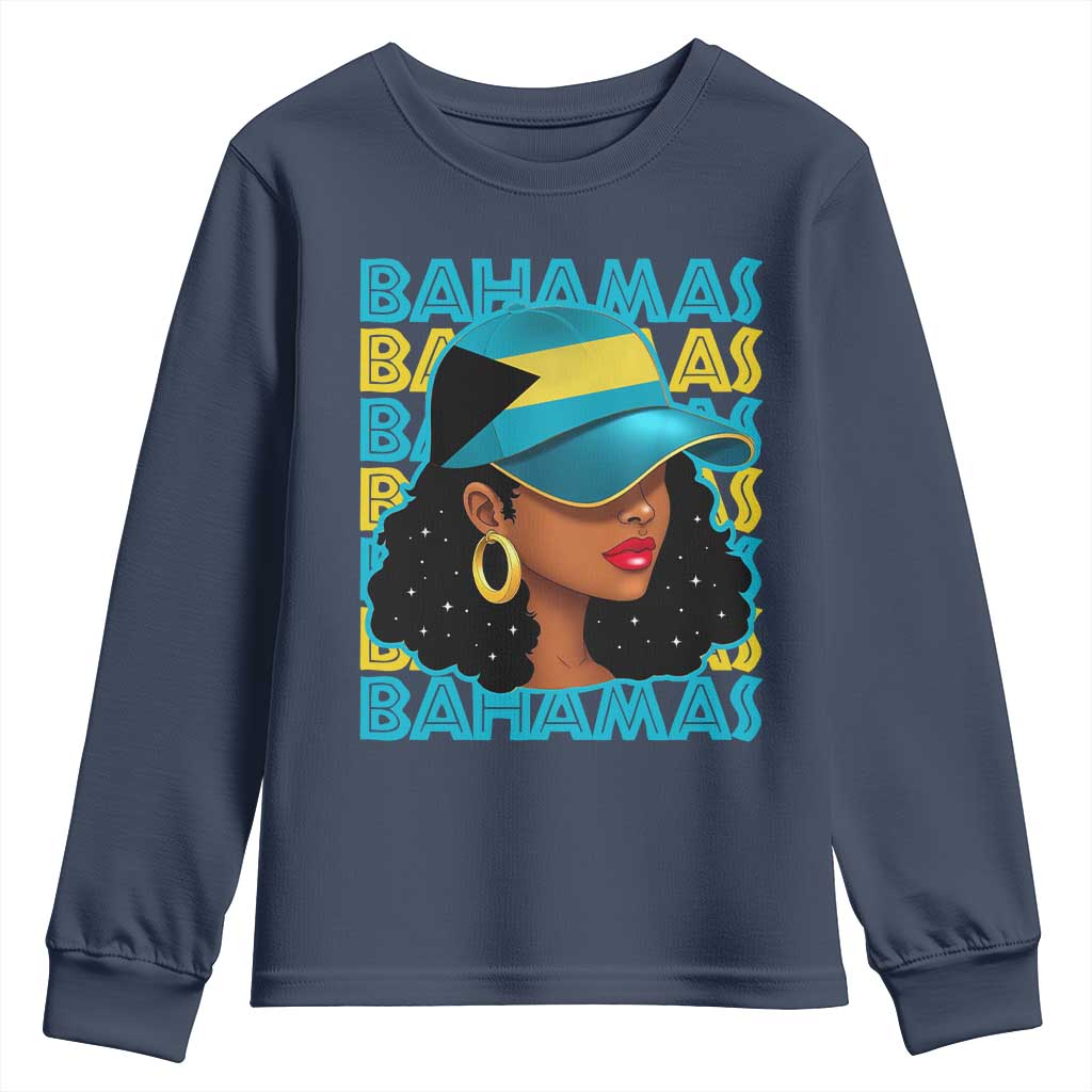 Bahamian Girl Youth Sweatshirt Melanin Afro Messy Bun Black Woman Bahamas Flag - Wonder Print Shop