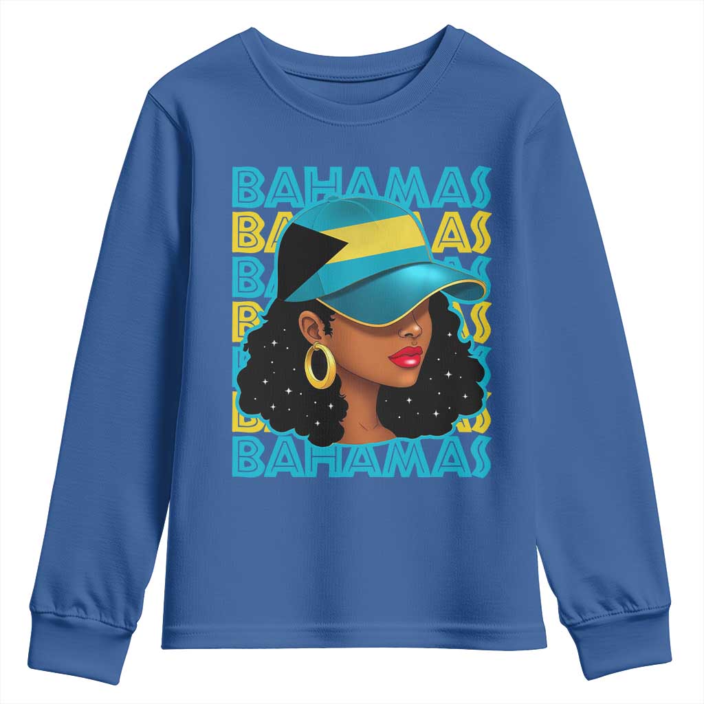 Bahamian Girl Youth Sweatshirt Melanin Afro Messy Bun Black Woman Bahamas Flag - Wonder Print Shop