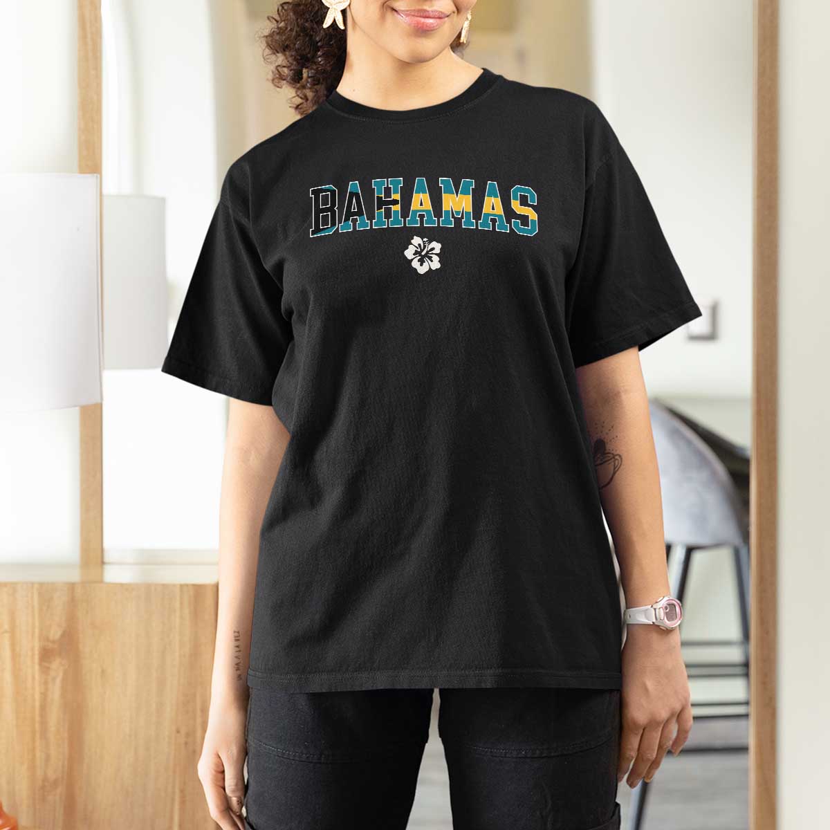 Bahamas Flag T Shirt For Women Caribbean Hibiscus Flower Beach Summer Vacation - Wonder Print Shop