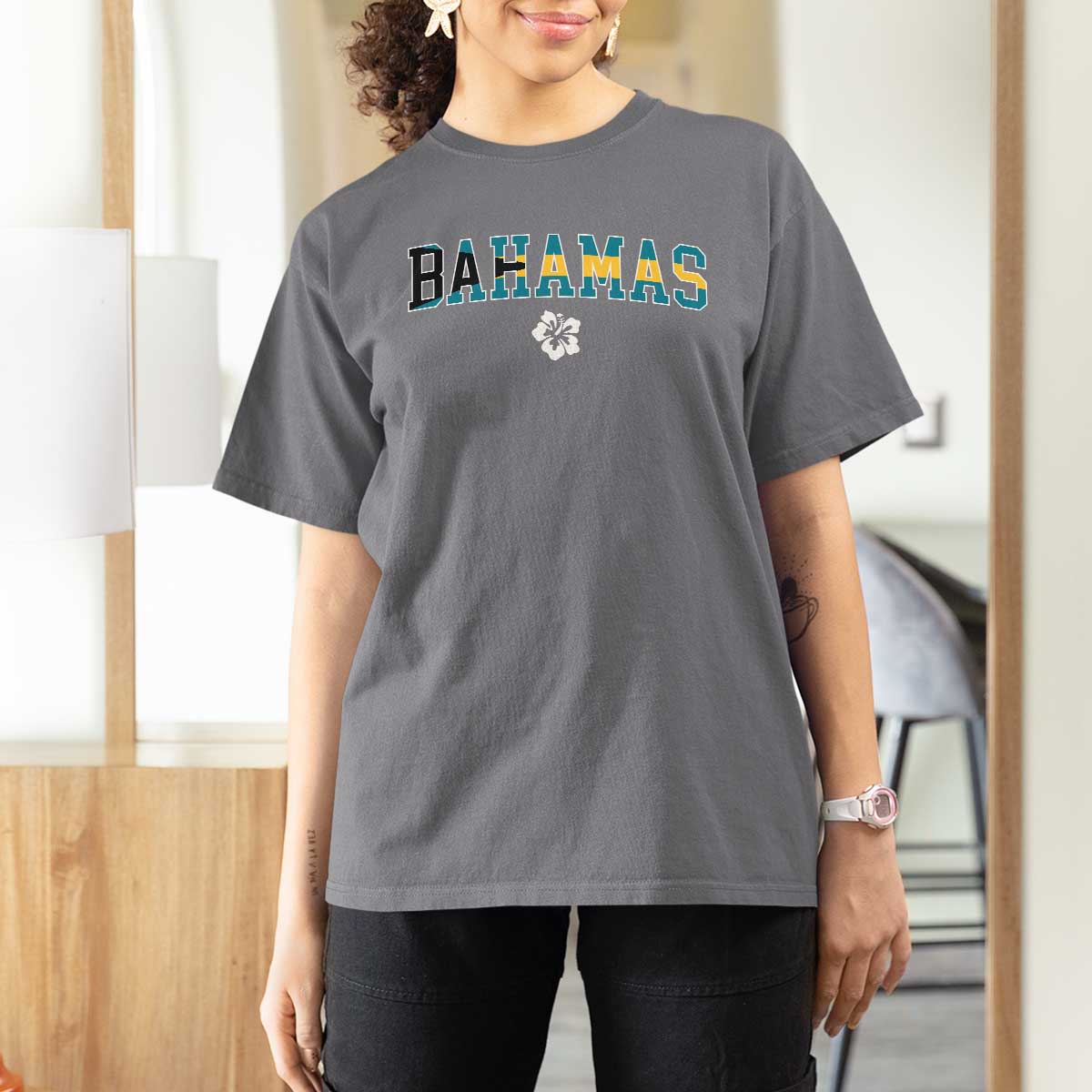 Bahamas Flag T Shirt For Women Caribbean Hibiscus Flower Beach Summer Vacation - Wonder Print Shop