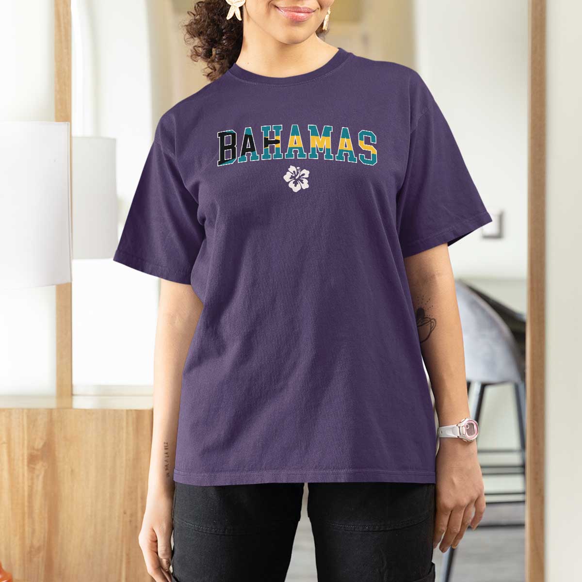 Bahamas Flag T Shirt For Women Caribbean Hibiscus Flower Beach Summer Vacation - Wonder Print Shop