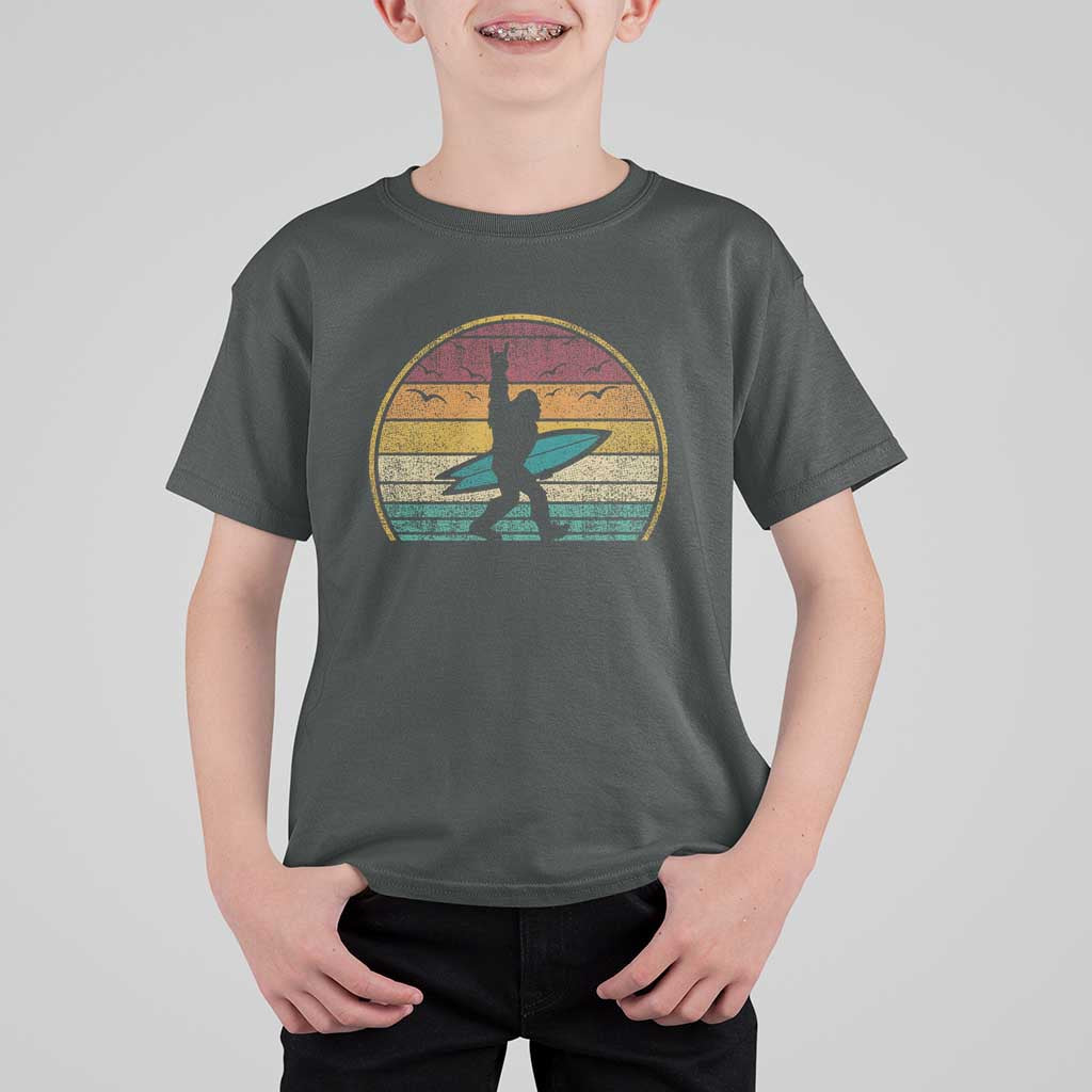 Vintage Bigfoot Surfing T Shirt For Kid Sasquatch Beach Vacation Retro Surf Sun Shaka - Wonder Print Shop