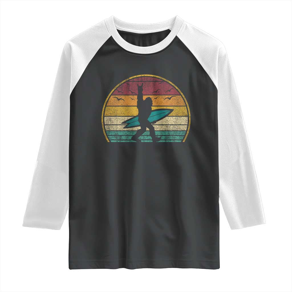 Vintage Bigfoot Surfing Raglan Shirt Sasquatch Beach Vacation Retro Surf Sun Shaka - Wonder Print Shop