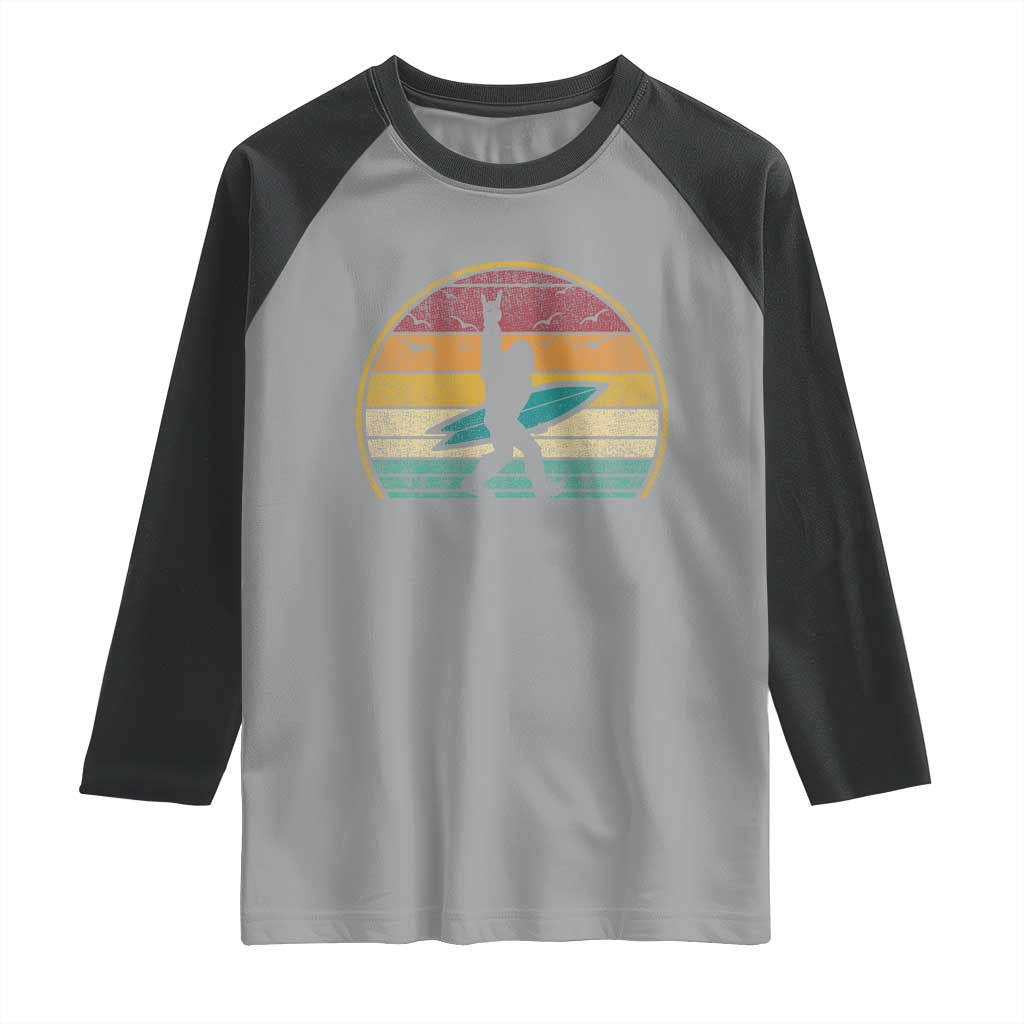 Vintage Bigfoot Surfing Raglan Shirt Sasquatch Beach Vacation Retro Surf Sun Shaka - Wonder Print Shop