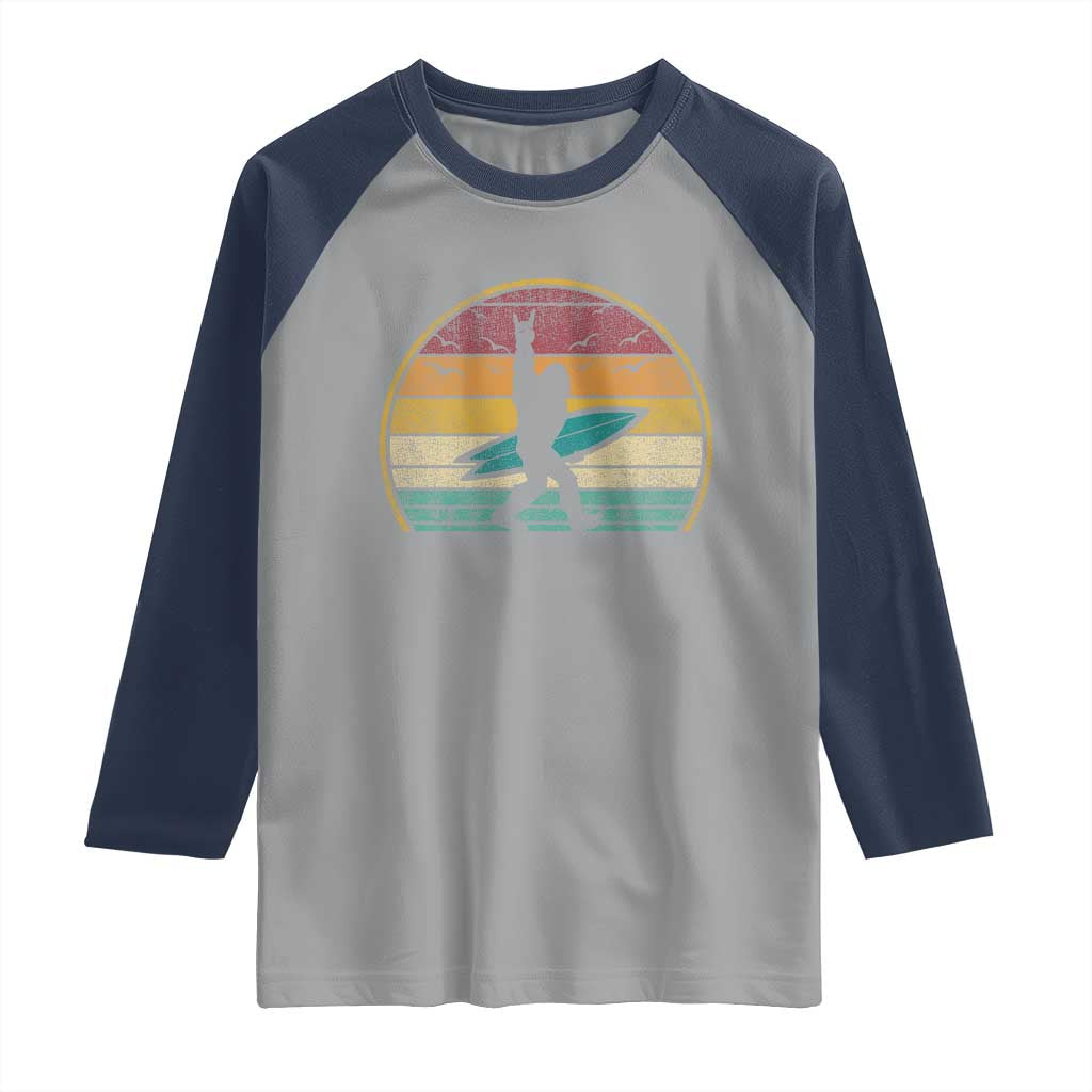Vintage Bigfoot Surfing Raglan Shirt Sasquatch Beach Vacation Retro Surf Sun Shaka - Wonder Print Shop