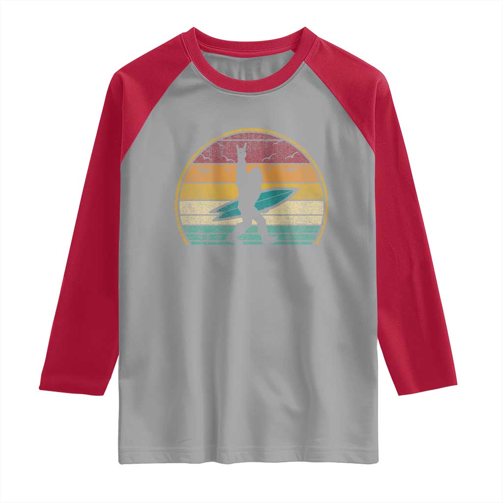 Vintage Bigfoot Surfing Raglan Shirt Sasquatch Beach Vacation Retro Surf Sun Shaka - Wonder Print Shop