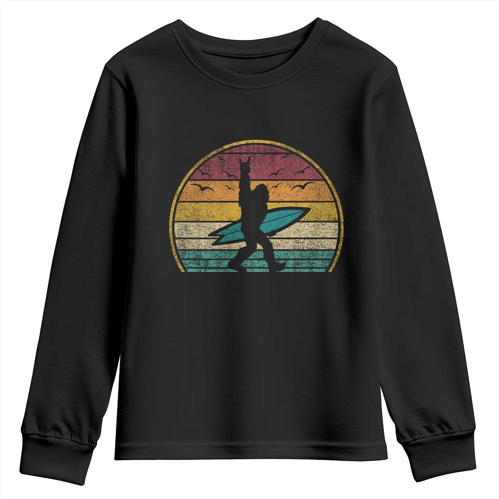Vintage Bigfoot Surfing Youth Sweatshirt Sasquatch Beach Vacation Retro Surf Sun Shaka - Wonder Print Shop