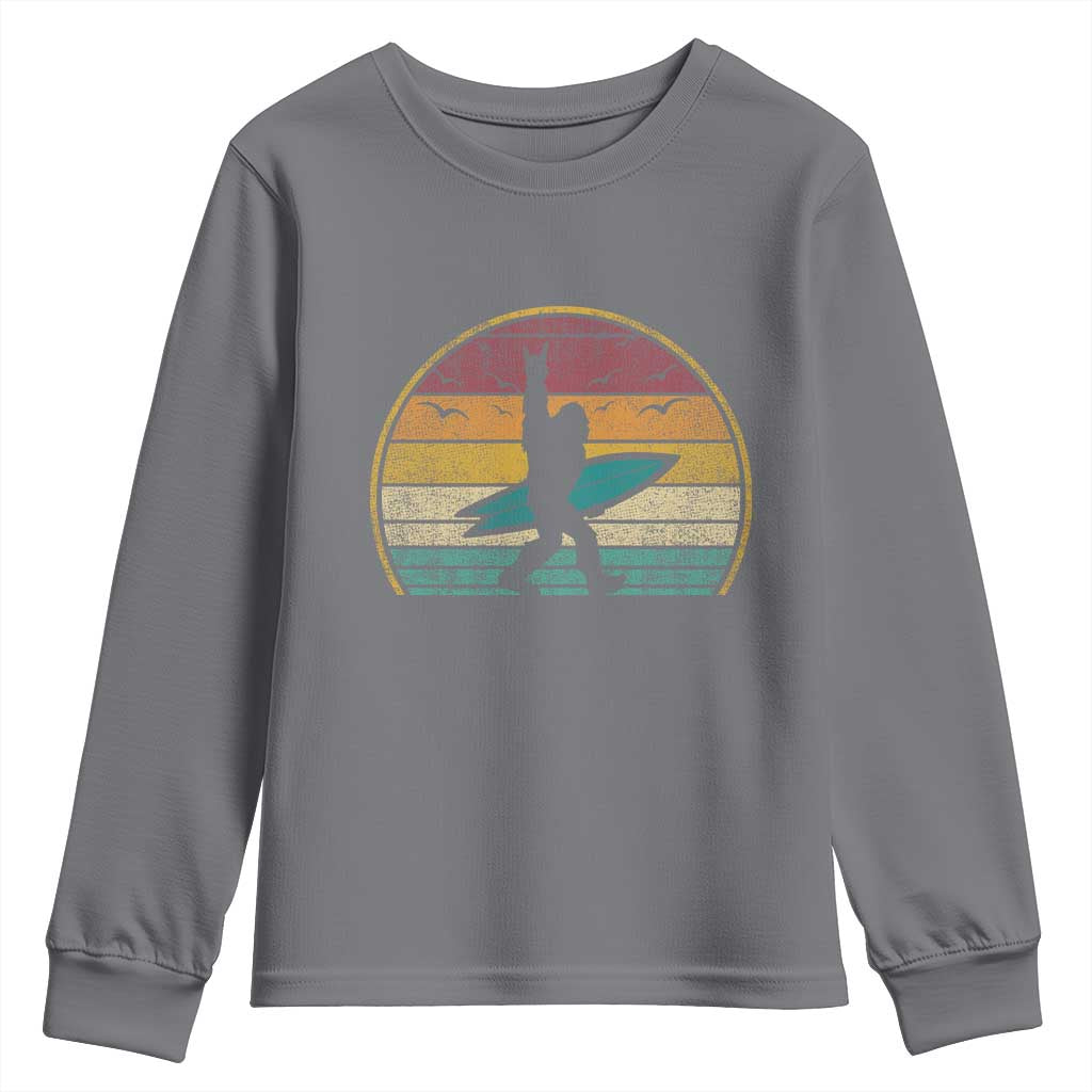 Vintage Bigfoot Surfing Youth Sweatshirt Sasquatch Beach Vacation Retro Surf Sun Shaka - Wonder Print Shop