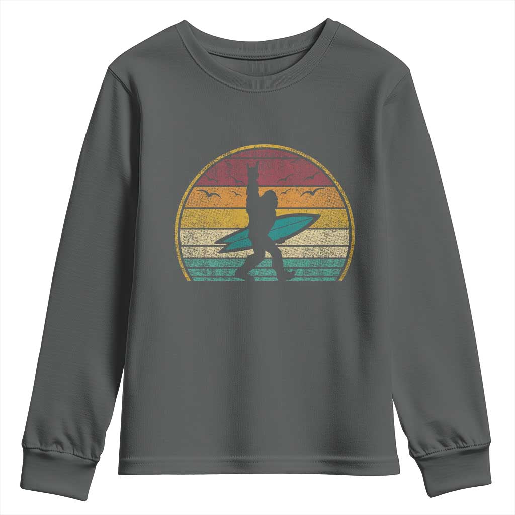 Vintage Bigfoot Surfing Youth Sweatshirt Sasquatch Beach Vacation Retro Surf Sun Shaka - Wonder Print Shop