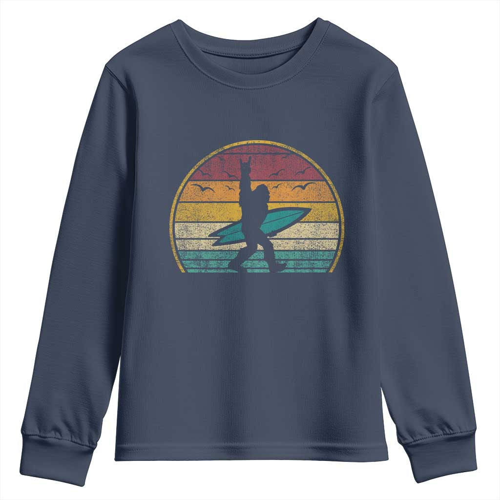 Vintage Bigfoot Surfing Youth Sweatshirt Sasquatch Beach Vacation Retro Surf Sun Shaka - Wonder Print Shop