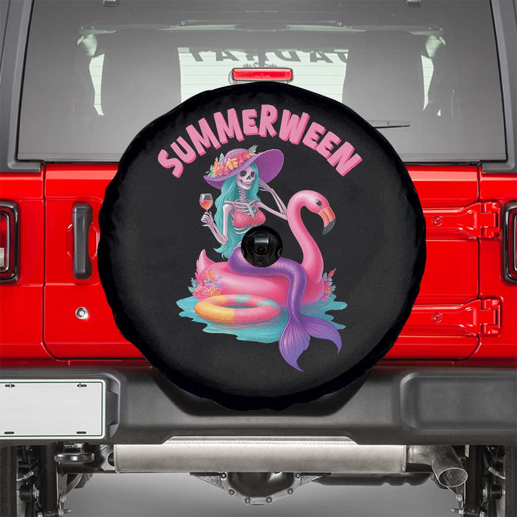 Summerween Mermaid Skeleton Spare Tire Cover Beach Flamingo Halloween Girl - Wonder Print Shop