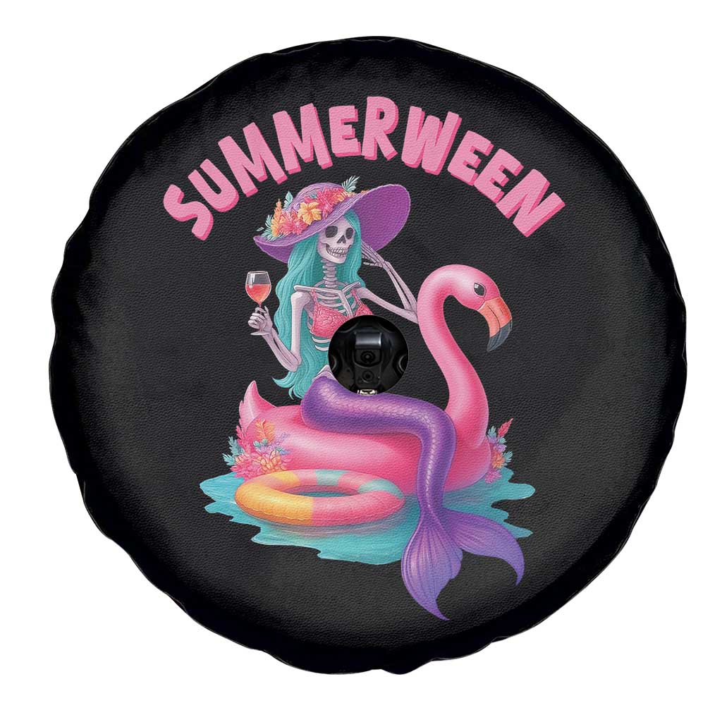 Summerween Mermaid Skeleton Spare Tire Cover Beach Flamingo Halloween Girl - Wonder Print Shop