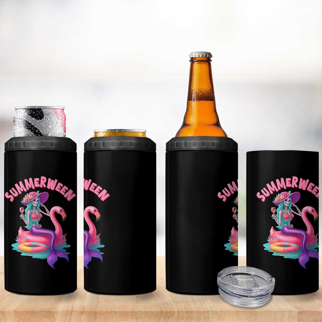 Summerween Mermaid Skeleton 4 in 1 Can Cooler Tumbler Beach Flamingo Halloween Girl - Wonder Print Shop