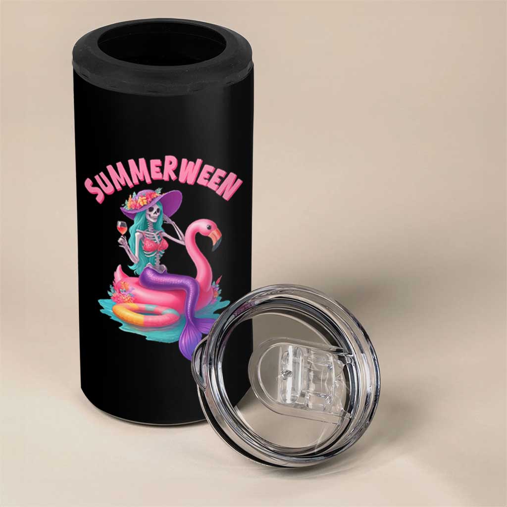 Summerween Mermaid Skeleton 4 in 1 Can Cooler Tumbler Beach Flamingo Halloween Girl - Wonder Print Shop