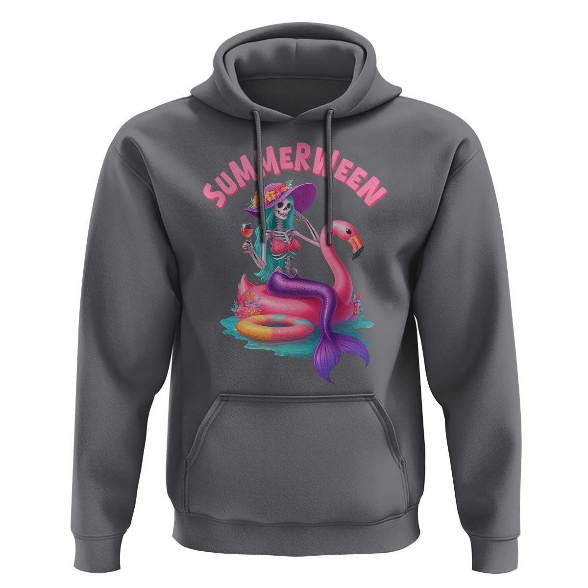 Summerween Mermaid Skeleton Hoodie Beach Flamingo Halloween Girl - Wonder Print Shop