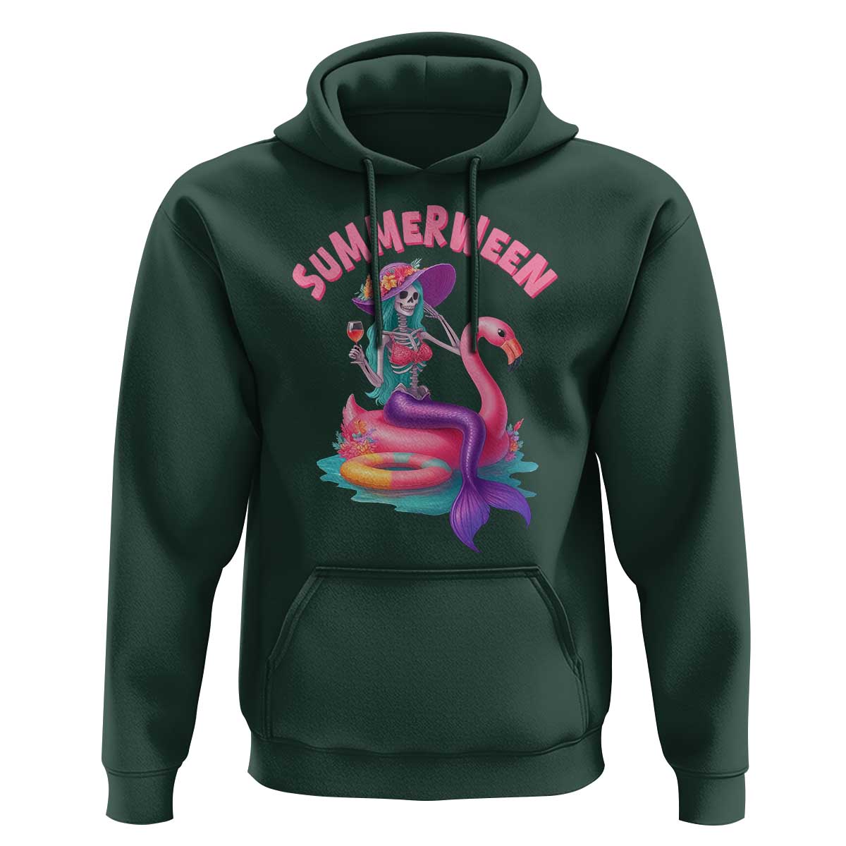 Summerween Mermaid Skeleton Hoodie Beach Flamingo Halloween Girl - Wonder Print Shop