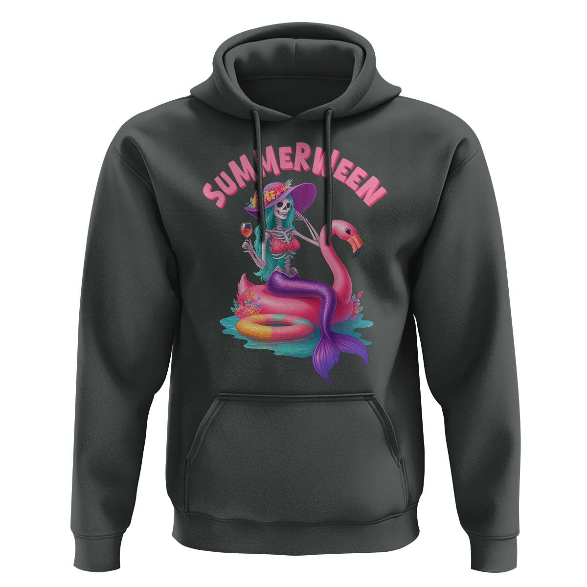Summerween Mermaid Skeleton Hoodie Beach Flamingo Halloween Girl - Wonder Print Shop