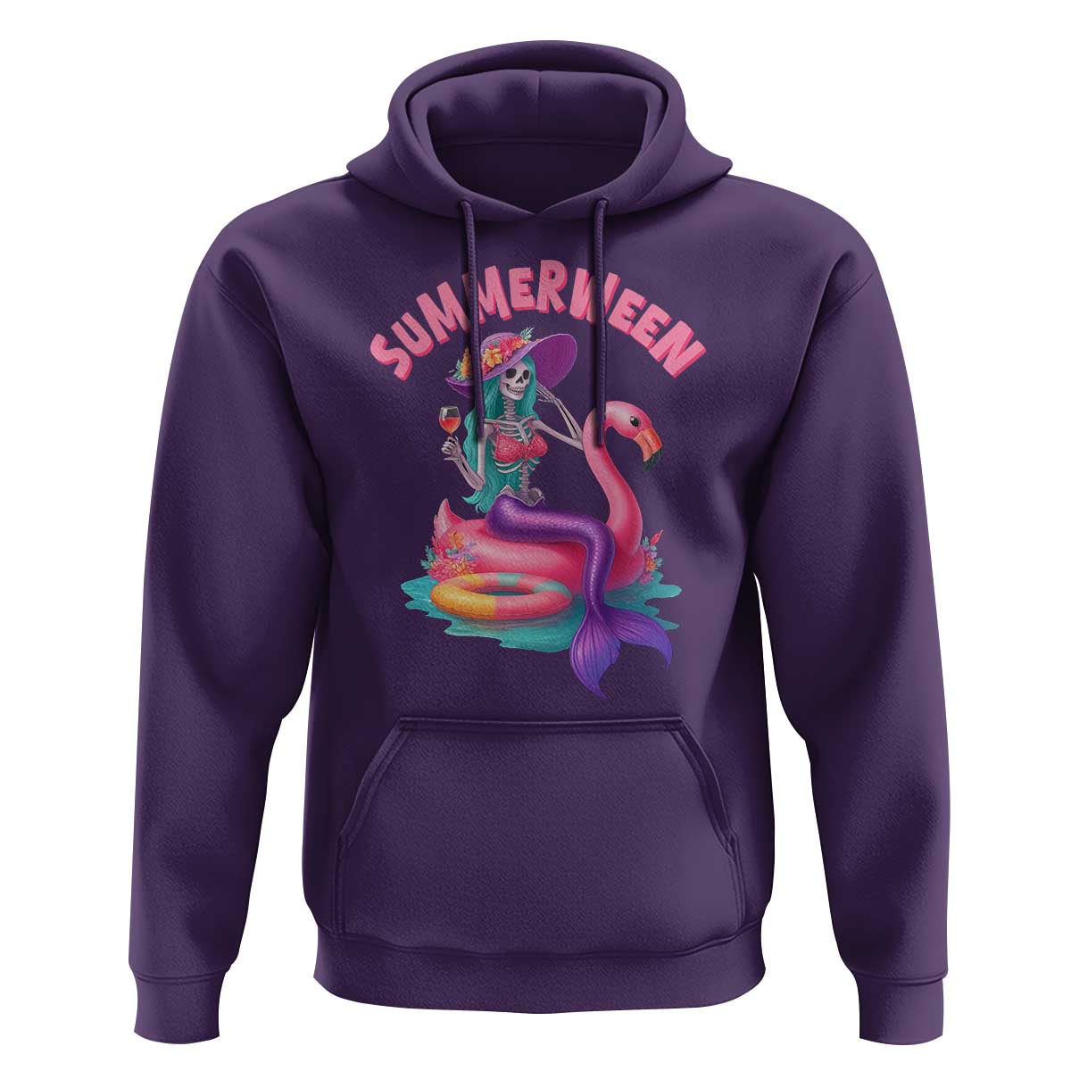 Summerween Mermaid Skeleton Hoodie Beach Flamingo Halloween Girl - Wonder Print Shop