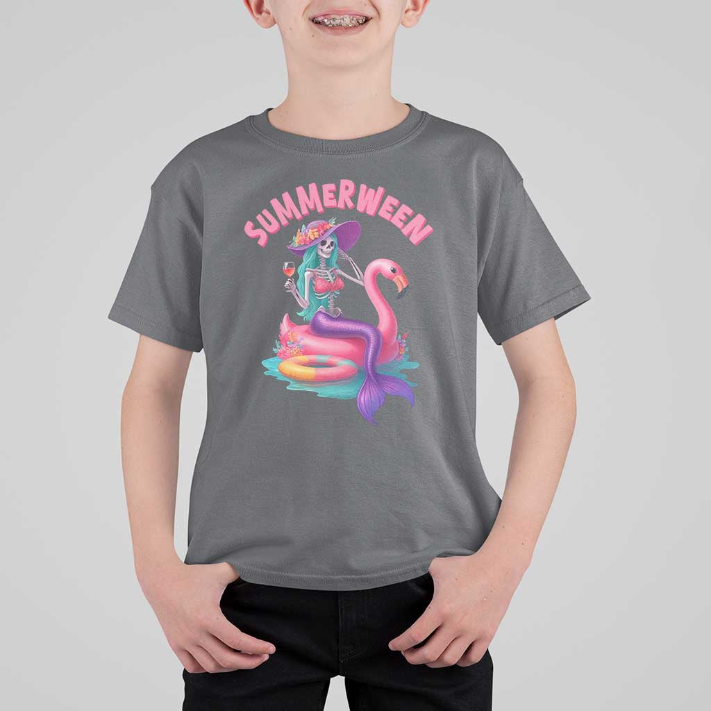 Summerween Mermaid Skeleton T Shirt For Kid Beach Flamingo Halloween Girl - Wonder Print Shop