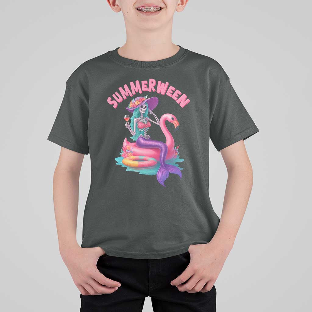 Summerween Mermaid Skeleton T Shirt For Kid Beach Flamingo Halloween Girl - Wonder Print Shop