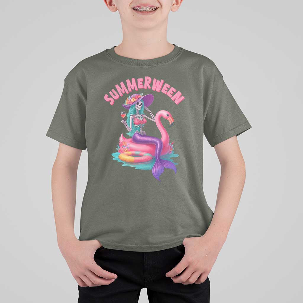 Summerween Mermaid Skeleton T Shirt For Kid Beach Flamingo Halloween Girl - Wonder Print Shop