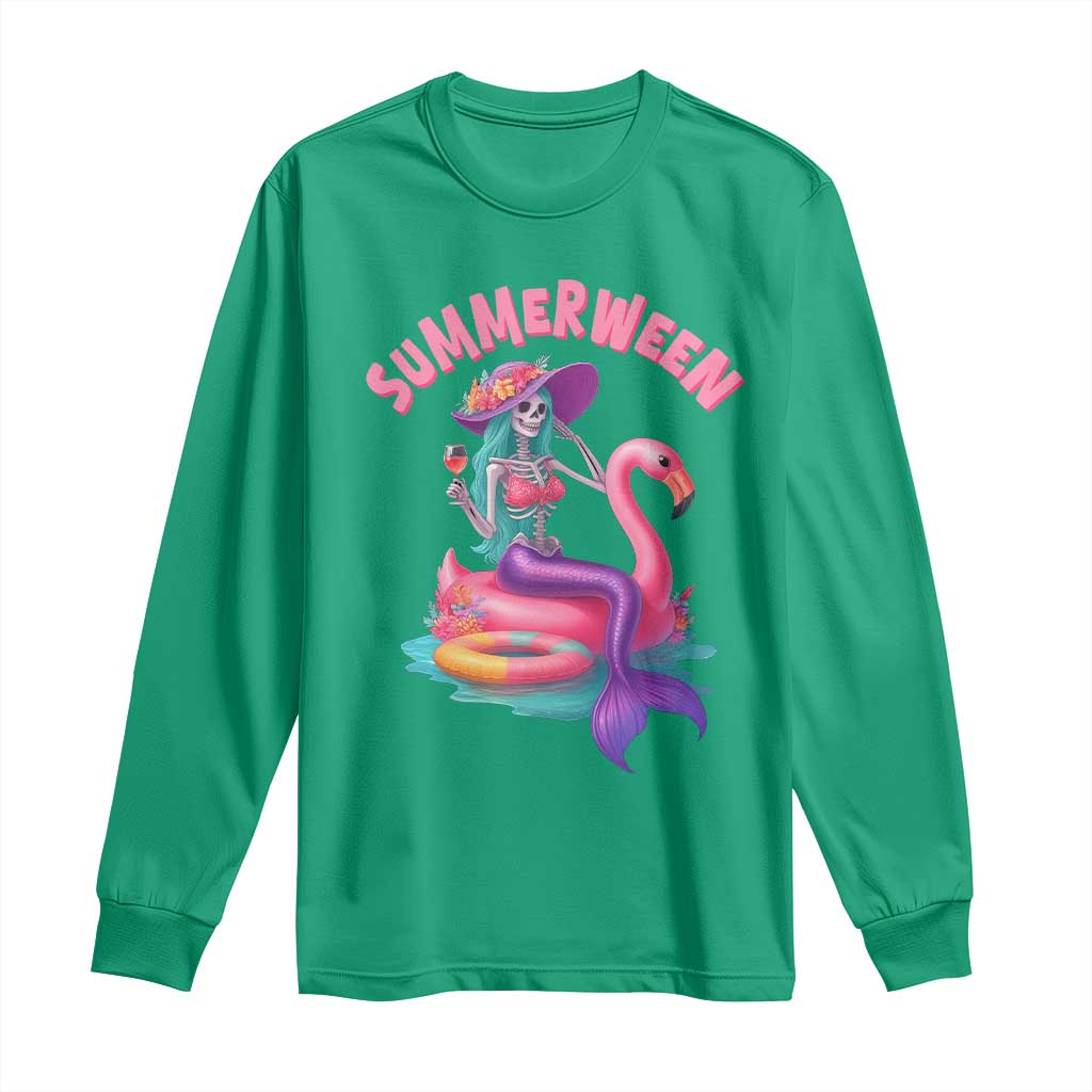 Summerween Mermaid Skeleton Long Sleeve Shirt Beach Flamingo Halloween Girl - Wonder Print Shop