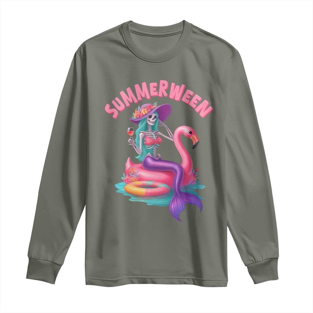 Summerween Mermaid Skeleton Long Sleeve Shirt Beach Flamingo Halloween Girl - Wonder Print Shop