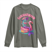 Summerween Mermaid Skeleton Long Sleeve Shirt Beach Flamingo Halloween Girl - Wonder Print Shop