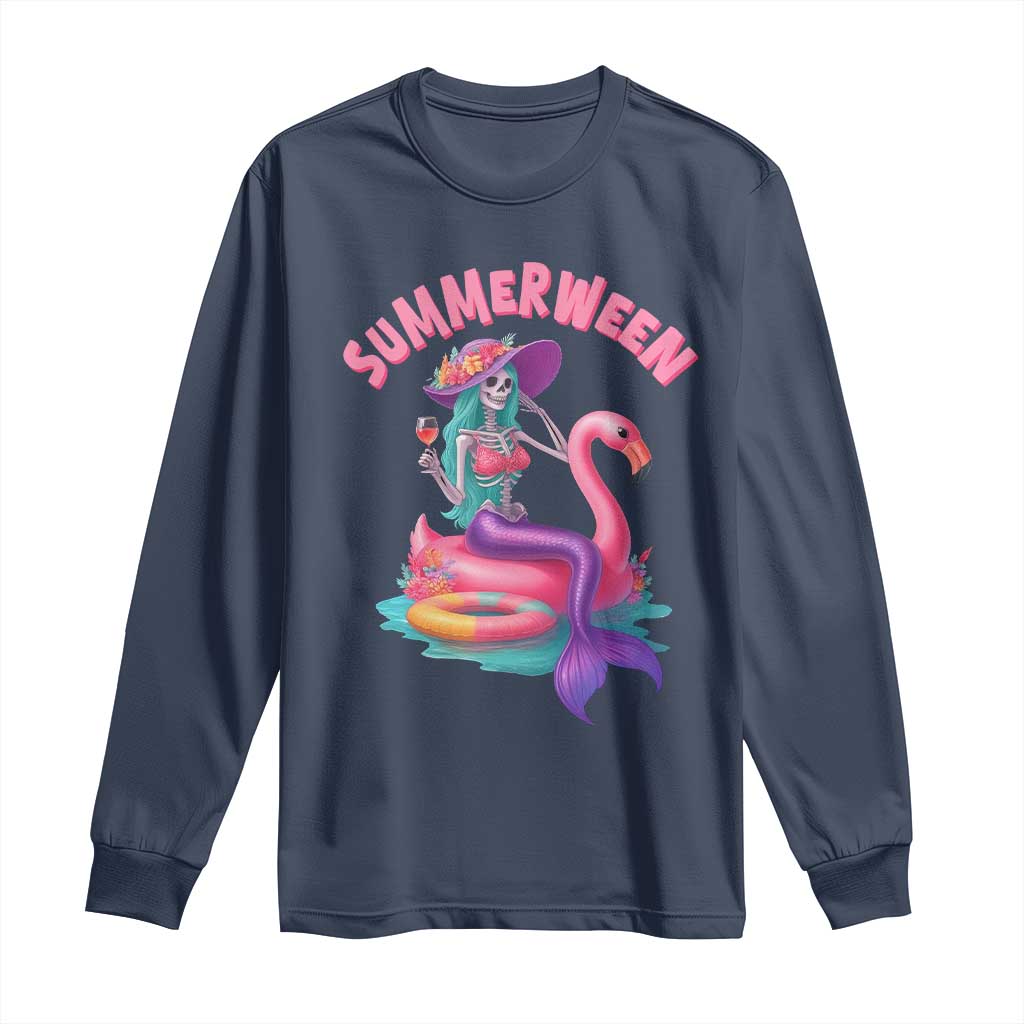 Summerween Mermaid Skeleton Long Sleeve Shirt Beach Flamingo Halloween Girl - Wonder Print Shop