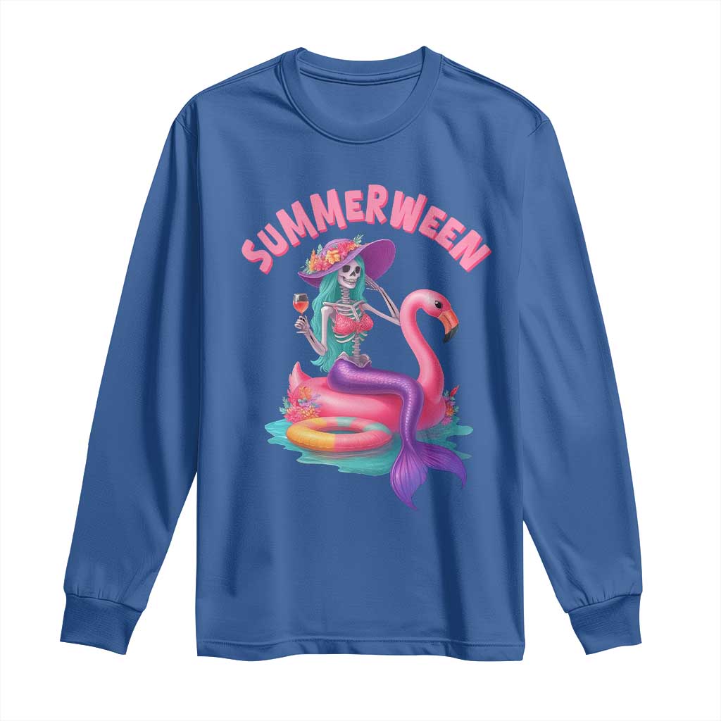 Summerween Mermaid Skeleton Long Sleeve Shirt Beach Flamingo Halloween Girl - Wonder Print Shop