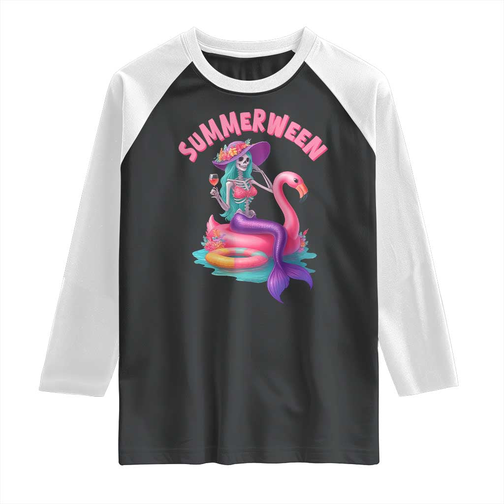 Summerween Mermaid Skeleton Raglan Shirt Beach Flamingo Halloween Girl - Wonder Print Shop