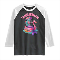 Summerween Mermaid Skeleton Raglan Shirt Beach Flamingo Halloween Girl - Wonder Print Shop