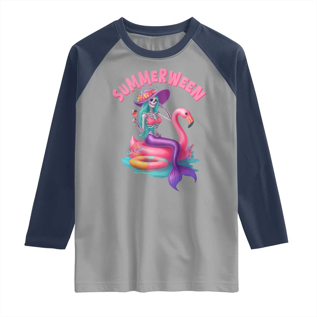 Summerween Mermaid Skeleton Raglan Shirt Beach Flamingo Halloween Girl - Wonder Print Shop