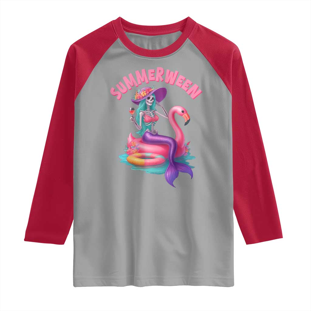 Summerween Mermaid Skeleton Raglan Shirt Beach Flamingo Halloween Girl - Wonder Print Shop