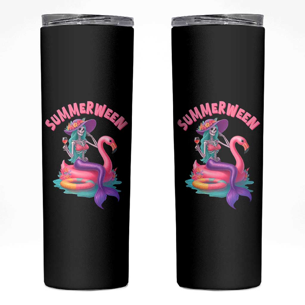 Summerween Mermaid Skeleton Skinny Tumbler Beach Flamingo Halloween Girl - Wonder Print Shop