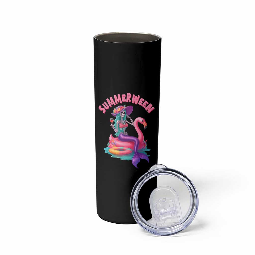 Summerween Mermaid Skeleton Skinny Tumbler Beach Flamingo Halloween Girl - Wonder Print Shop