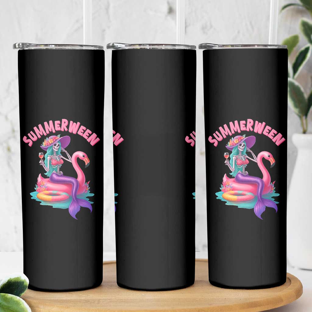 Summerween Mermaid Skeleton Skinny Tumbler Beach Flamingo Halloween Girl - Wonder Print Shop