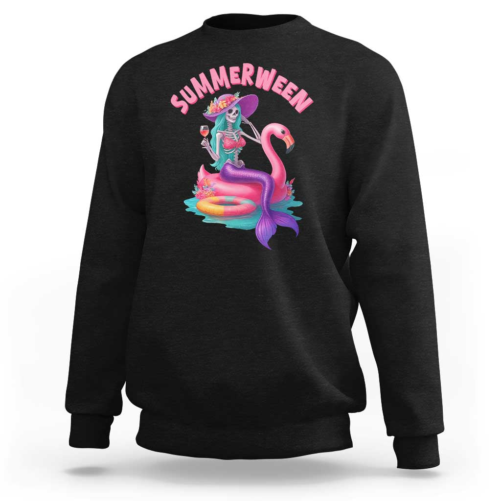 Summerween Mermaid Skeleton Sweatshirt Beach Flamingo Halloween Girl - Wonder Print Shop