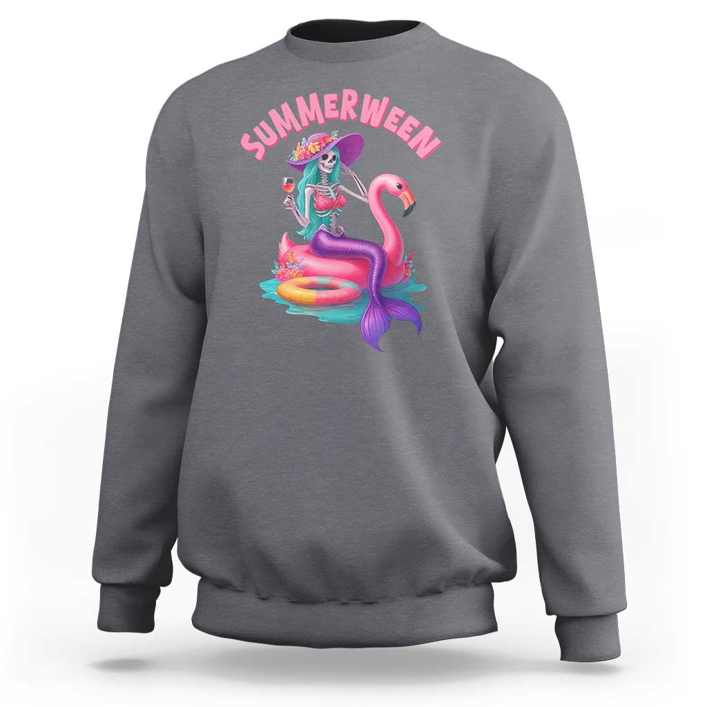 Summerween Mermaid Skeleton Sweatshirt Beach Flamingo Halloween Girl - Wonder Print Shop
