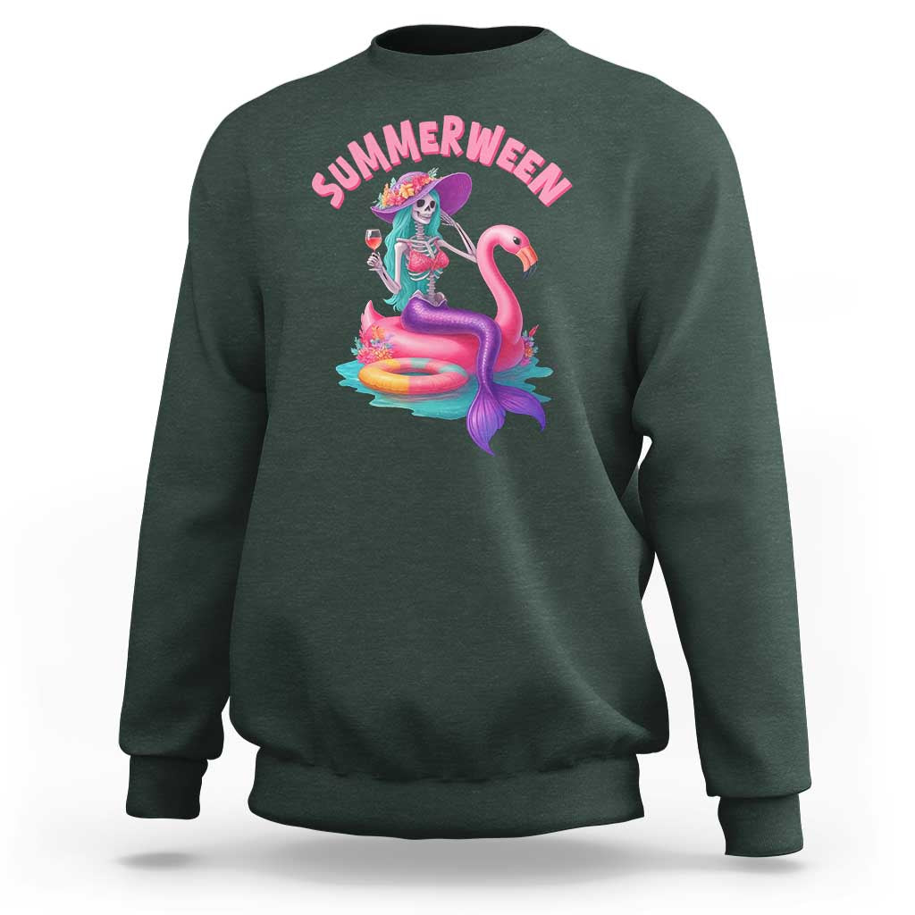 Summerween Mermaid Skeleton Sweatshirt Beach Flamingo Halloween Girl - Wonder Print Shop