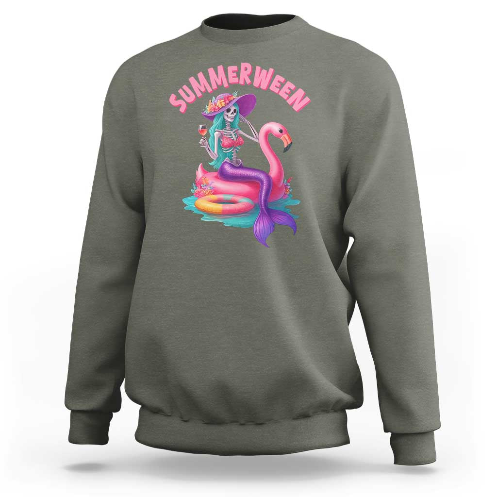 Summerween Mermaid Skeleton Sweatshirt Beach Flamingo Halloween Girl - Wonder Print Shop