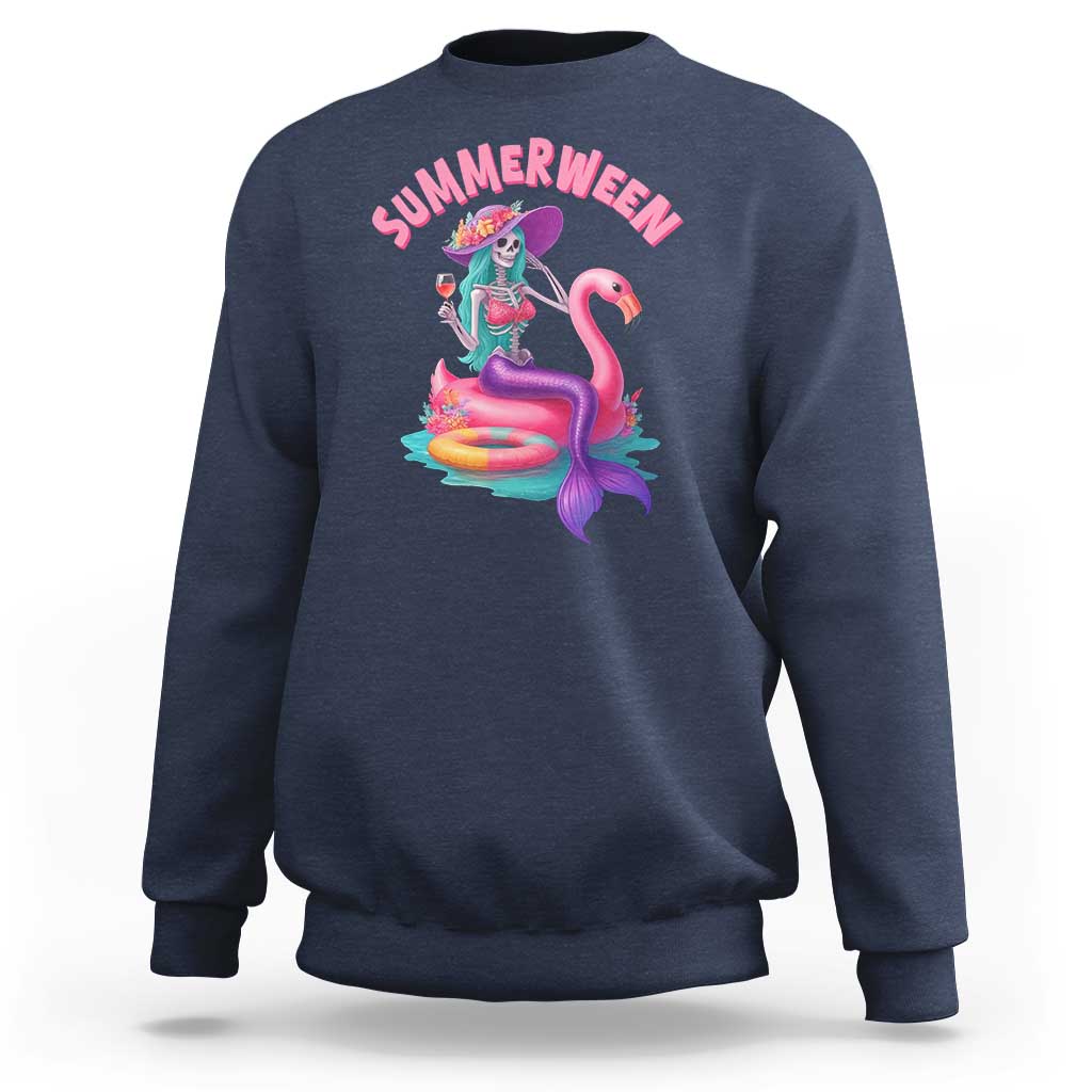 Summerween Mermaid Skeleton Sweatshirt Beach Flamingo Halloween Girl - Wonder Print Shop