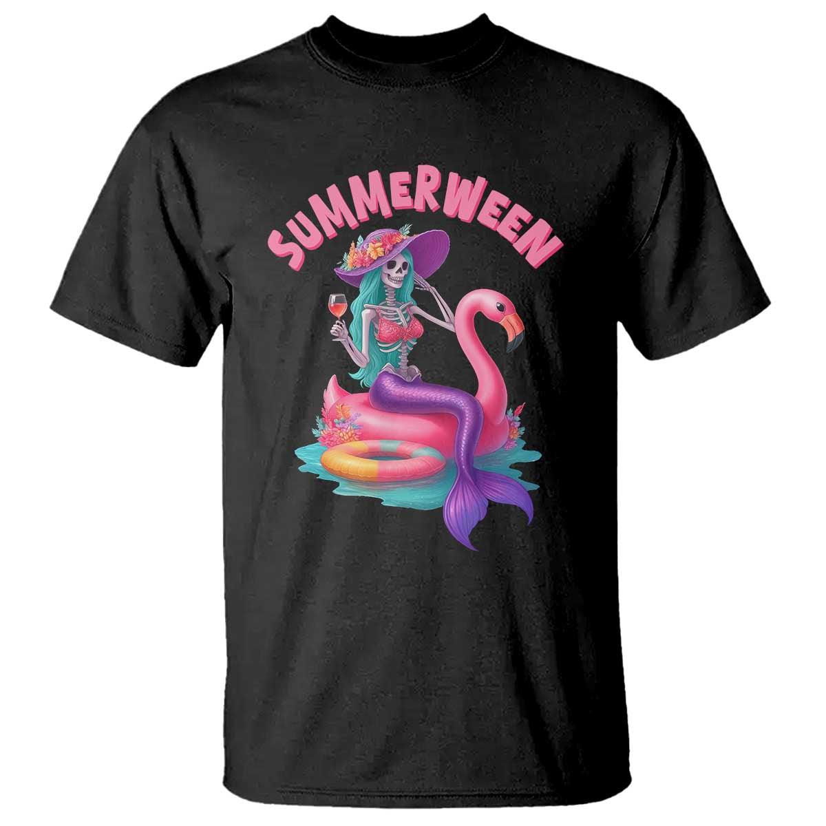 Summerween Mermaid Skeleton T Shirt Beach Flamingo Halloween Girl - Wonder Print Shop