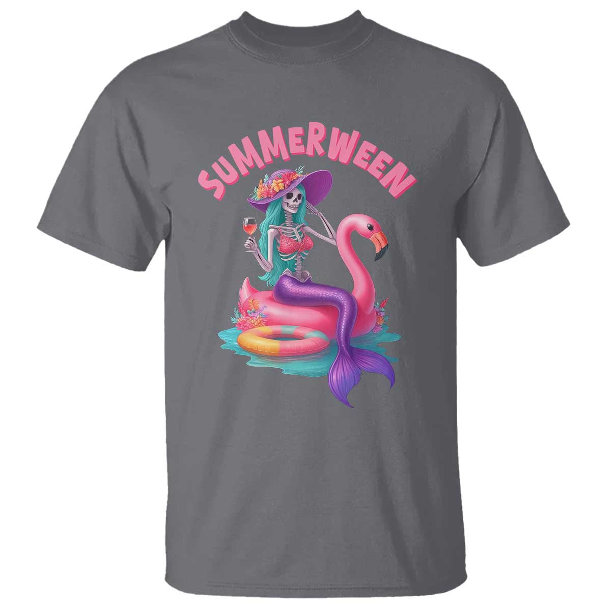 Summerween Mermaid Skeleton T Shirt Beach Flamingo Halloween Girl - Wonder Print Shop