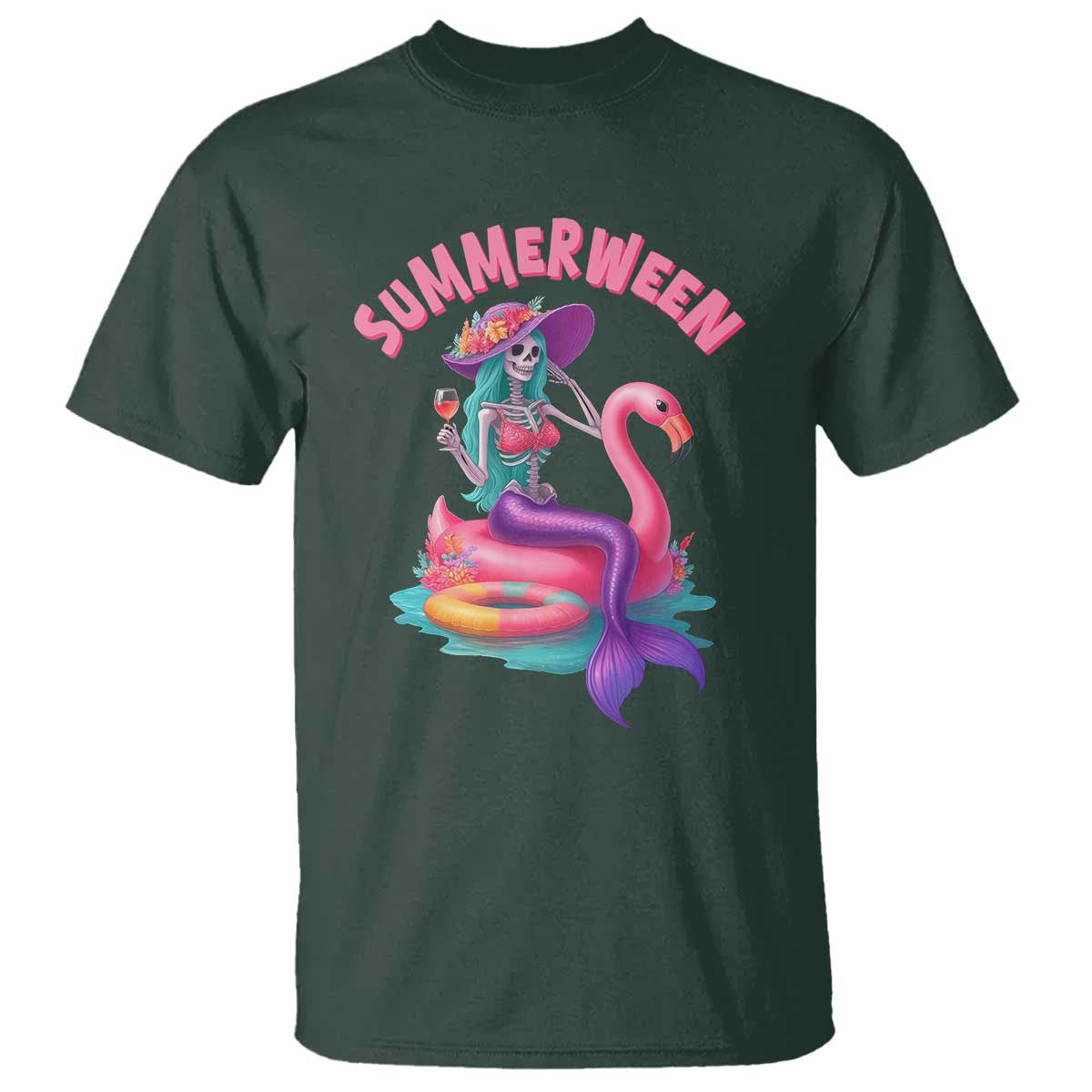Summerween Mermaid Skeleton T Shirt Beach Flamingo Halloween Girl - Wonder Print Shop